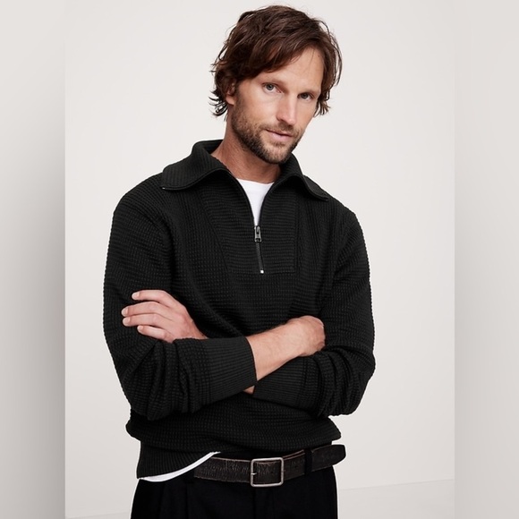 NWT Banana Republic Men's Cotton Waffle-Knit Half-Zip Sweater Black Size Large - Picture 2 of 11